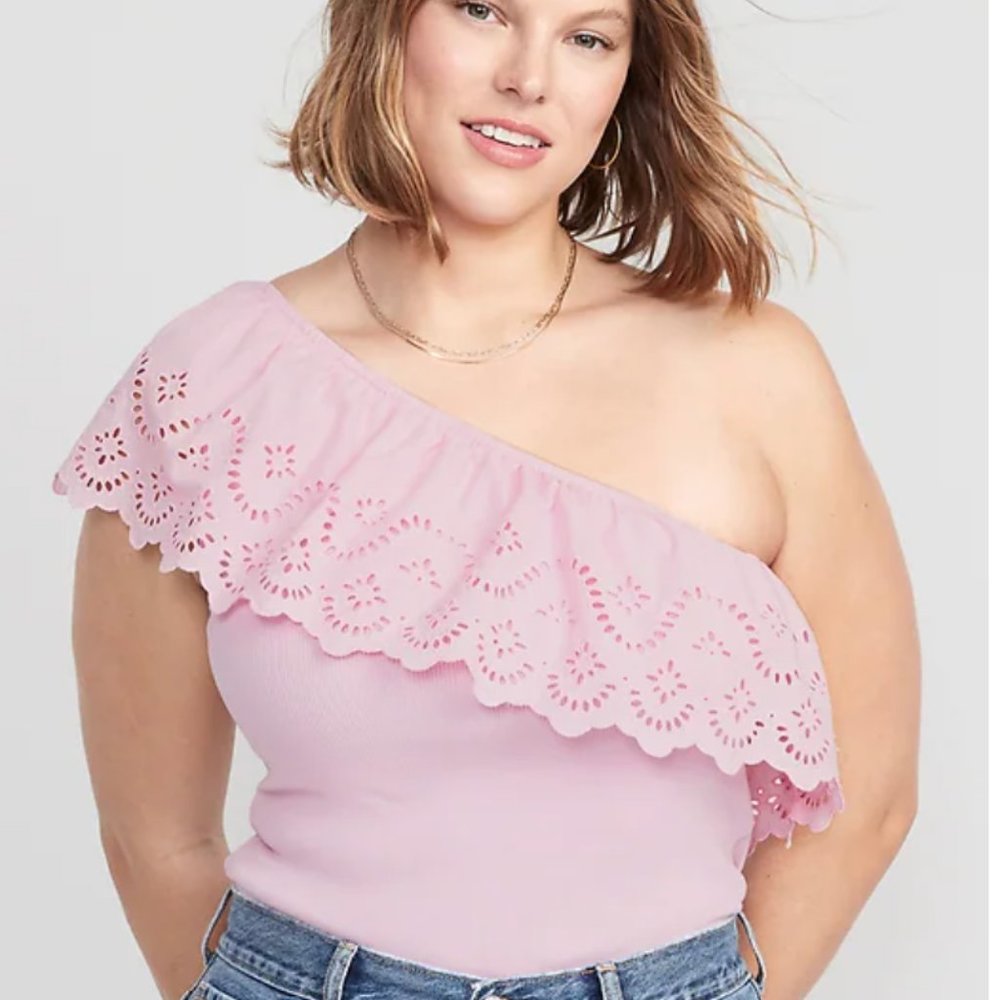 NWT Eyelet One-Shoulder Paneled Rib-Knit Top for Women